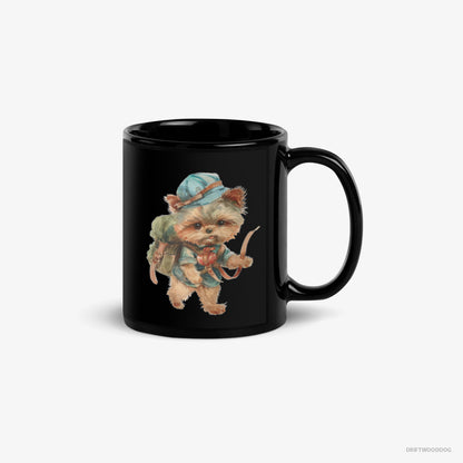 Yorkshire Terrier Mug – Unisex Black Mug Classic – Rambling with a Rucksack (on White Background)