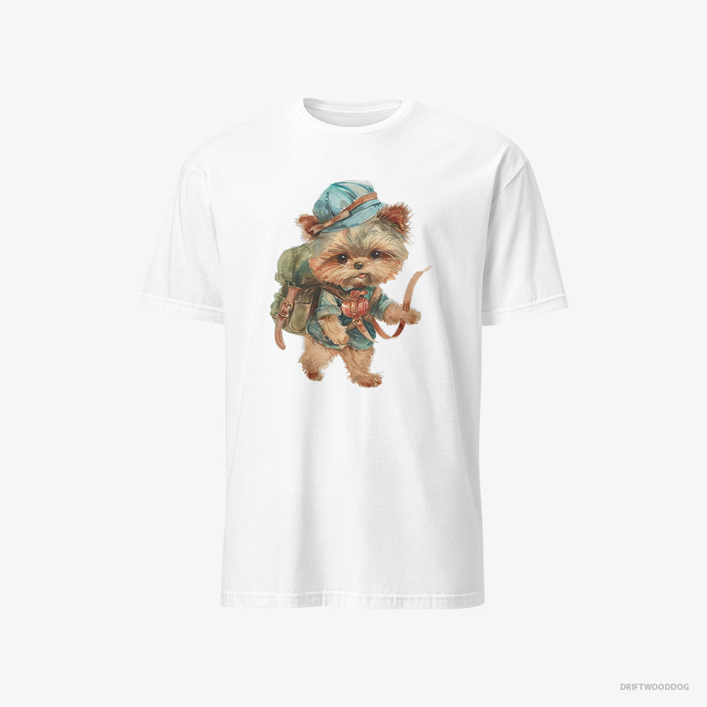 Yorkshire Terrier T-Shirt – Men White T-Shirt Classic – Rambling with a Rucksack (on White Background)