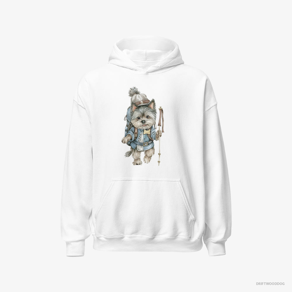 Yorkshire Terrier Hoodie – Men White Hoodie Classic – Hiking with a Backpack (on White Background)