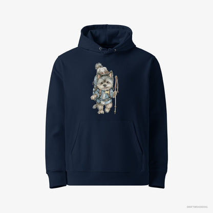 Yorkshire Terrier Hoodie – Men Navy Hoodie Eco-Friendly – Hiking with a Backpack (on White Background)