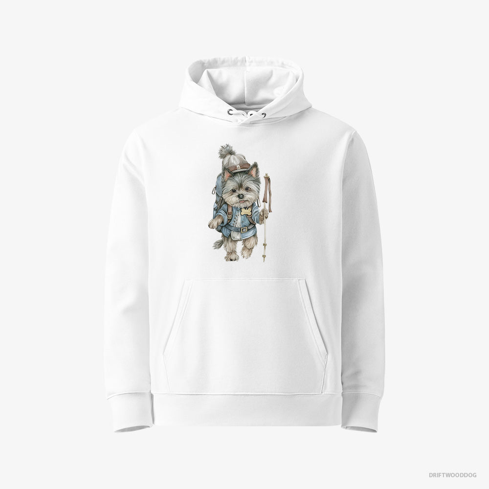 Yorkshire Terrier Hoodie – Women White Hoodie Eco-Friendly – Hiking with a Backpack (on White Background)