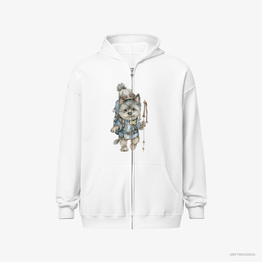 Yorkshire Terrier Hoodie – Men White Hoodie Full-Zip – Hiking with a Backpack (on White Background)