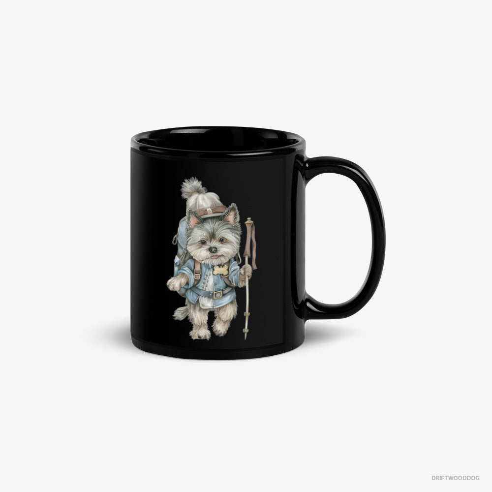 Yorkshire Terrier Mug – Unisex Black Mug Classic – Hiking with a Backpack (on White Background)