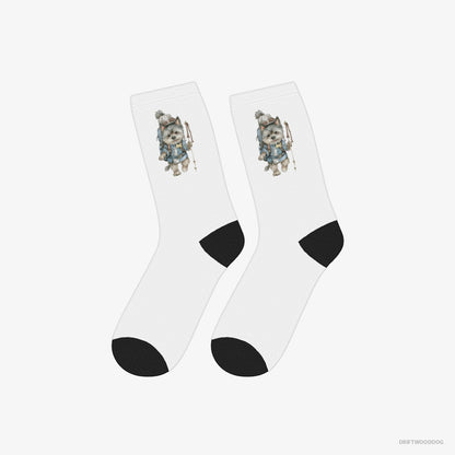 Yorkshire Terrier Socks – Unisex White Socks Classic – Hiking with a Backpack (on White Background)