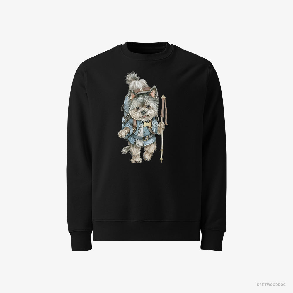 Yorkshire Terrier Sweatshirt – Men Black Sweatshirt Classic – Hiking with a Backpack (on White Background)