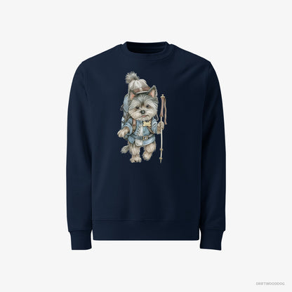 Yorkshire Terrier Sweatshirt – Men Navy Sweatshirt Classic – Hiking with a Backpack (on White Background)