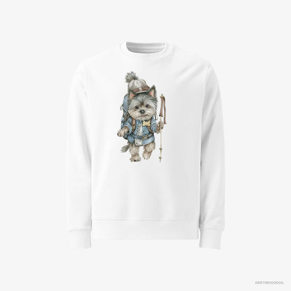 Yorkshire Terrier Hiking with a Backpack White Sweatshirt