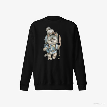 Yorkshire Terrier Sweatshirt – Women Black Sweatshirt Eco-Friendly – Hiking with a Backpack (on White Background)