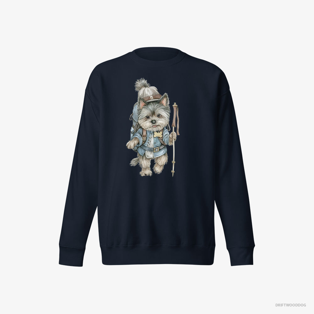 Yorkshire Terrier Sweatshirt – Women Navy Sweatshirt Eco-Friendly – Hiking with a Backpack (on White Background)