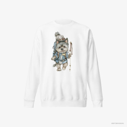 Yorkshire Terrier Hiking with a Backpack White Sweatshirt