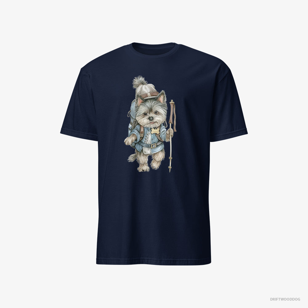 Yorkshire Terrier T-Shirt – Men Navy T-Shirt Classic – Hiking with a Backpack (on White Background)