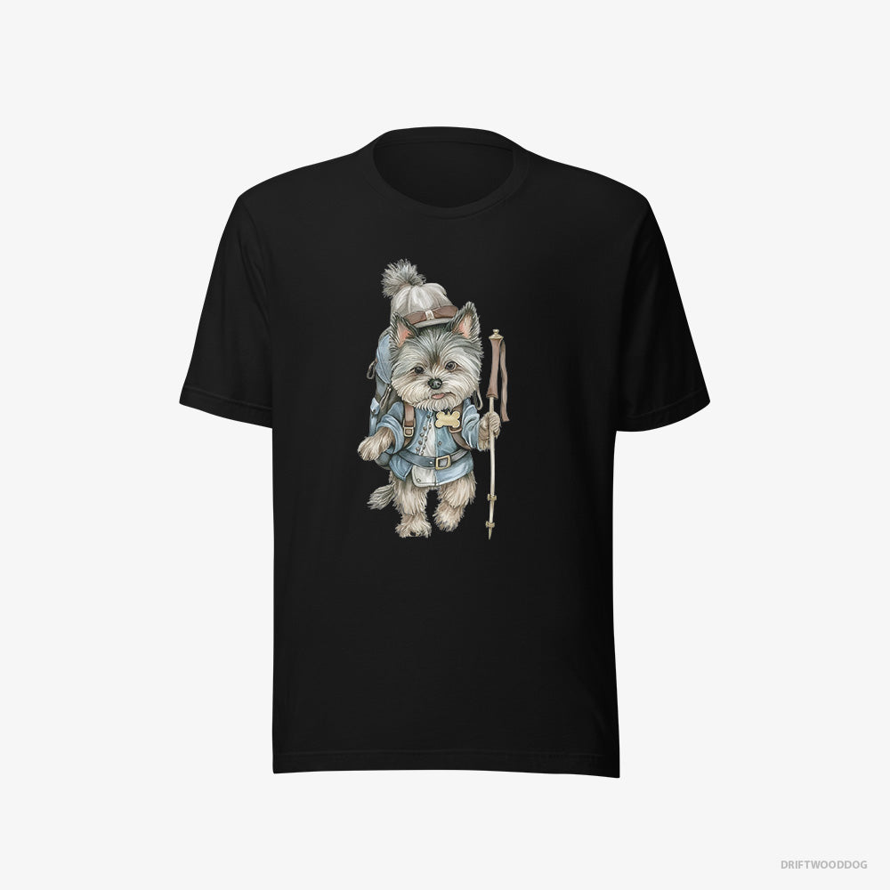 Yorkshire Terrier T-Shirt – Men Black T-Shirt Eco-Friendly – Hiking with a Backpack (on White Background)