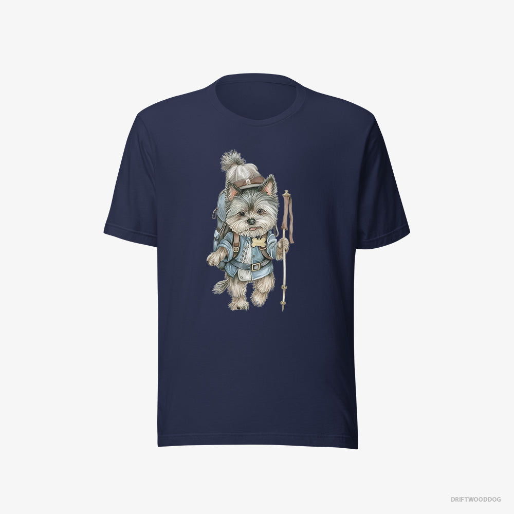 Yorkshire Terrier T-Shirt – Men Navy T-Shirt Eco-Friendly – Hiking with a Backpack (on White Background)