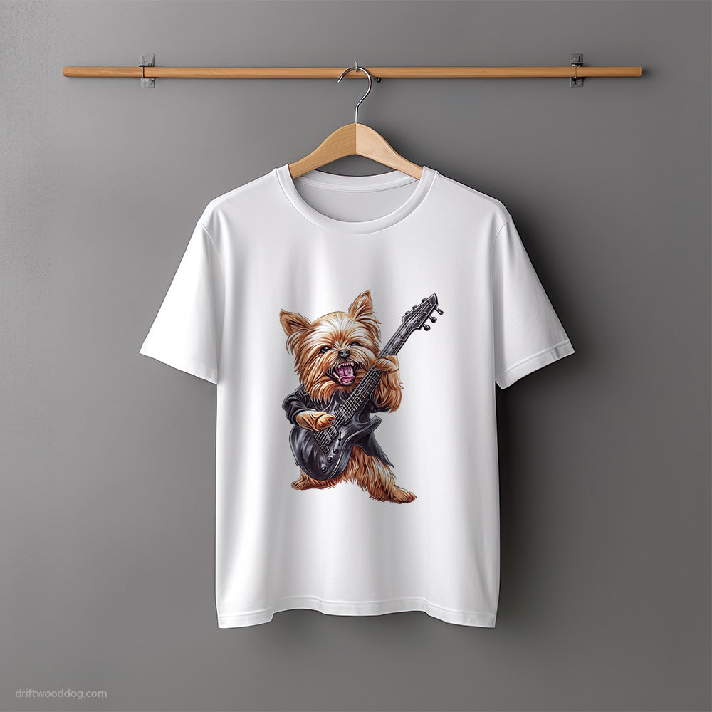 Excited Yorkshire Terrier Playing Rock Guitar T-Shirt – Unisex Tee for Dog Lovers