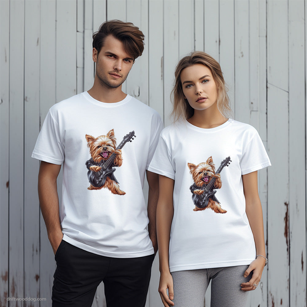 Excited Yorkshire Terrier Playing Rock Guitar T-Shirt – Unique Dog T-Shirts for Pet Lovers