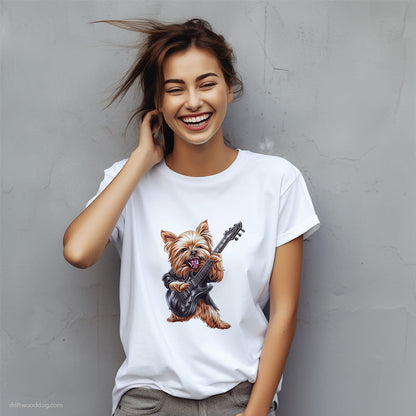 Excited Yorkshire Terrier Playing Rock Guitar T-Shirt – Custom Dog T-Shirts for Women