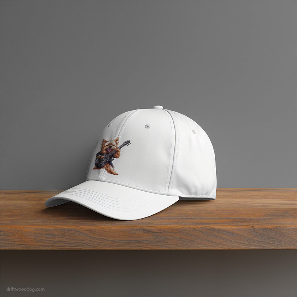 Excited Yorkshire Terrier Playing Rock Guitar Hat – Unisex Hat for Dog Owners