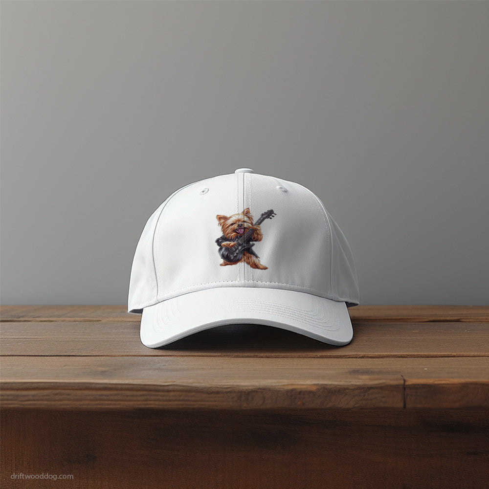 Excited Yorkshire Terrier Playing Rock Guitar Hat – Unique Dog-Themed Hats for Dog Lovers