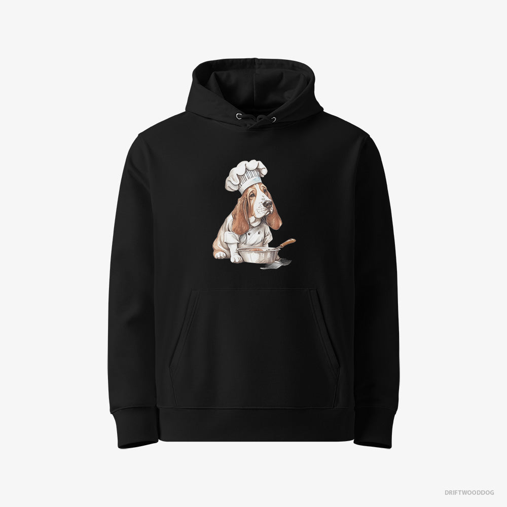 Basset Hound Hoodie – Women Black Hoodie Eco-Friendly – Cooking Meals (on White Background)