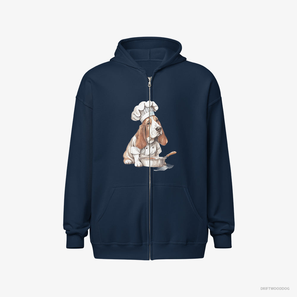 Basset Hound Hoodie – Men Navy Hoodie Full-Zip – Cooking Meals (on White Background)