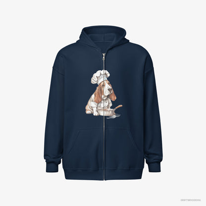 Basset Hound Hoodie – Men Navy Hoodie Full-Zip – Cooking Meals (on White Background)