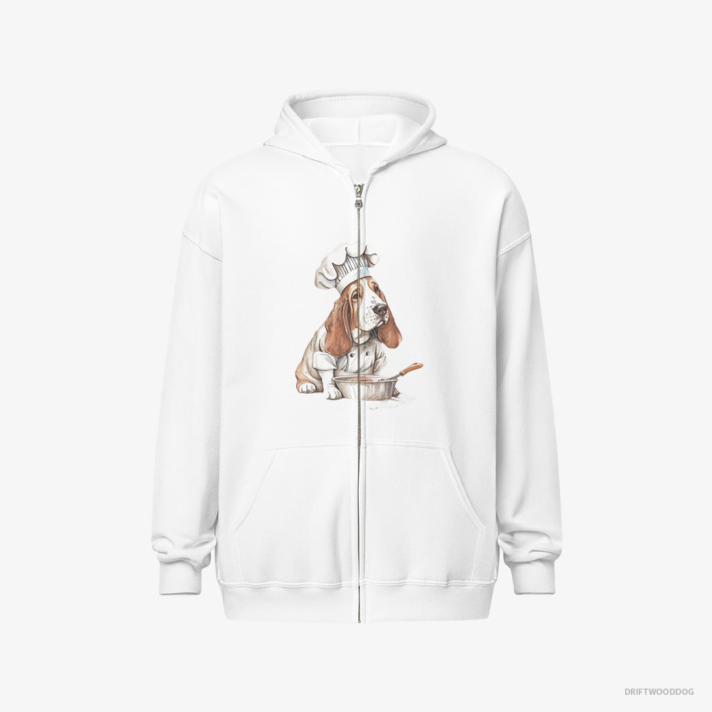 Basset Hound Hoodie – Women White Hoodie Full-Zip – Cooking Meals (on White Background)