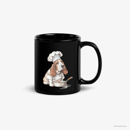 Basset Hound Mug – Unisex Black Mug Classic – Cooking Meals (on White Background)