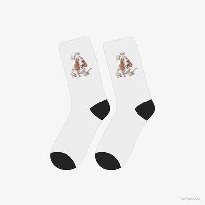 Basset Hound Socks – Unisex White Socks Classic – Cooking Meals (on White Background)