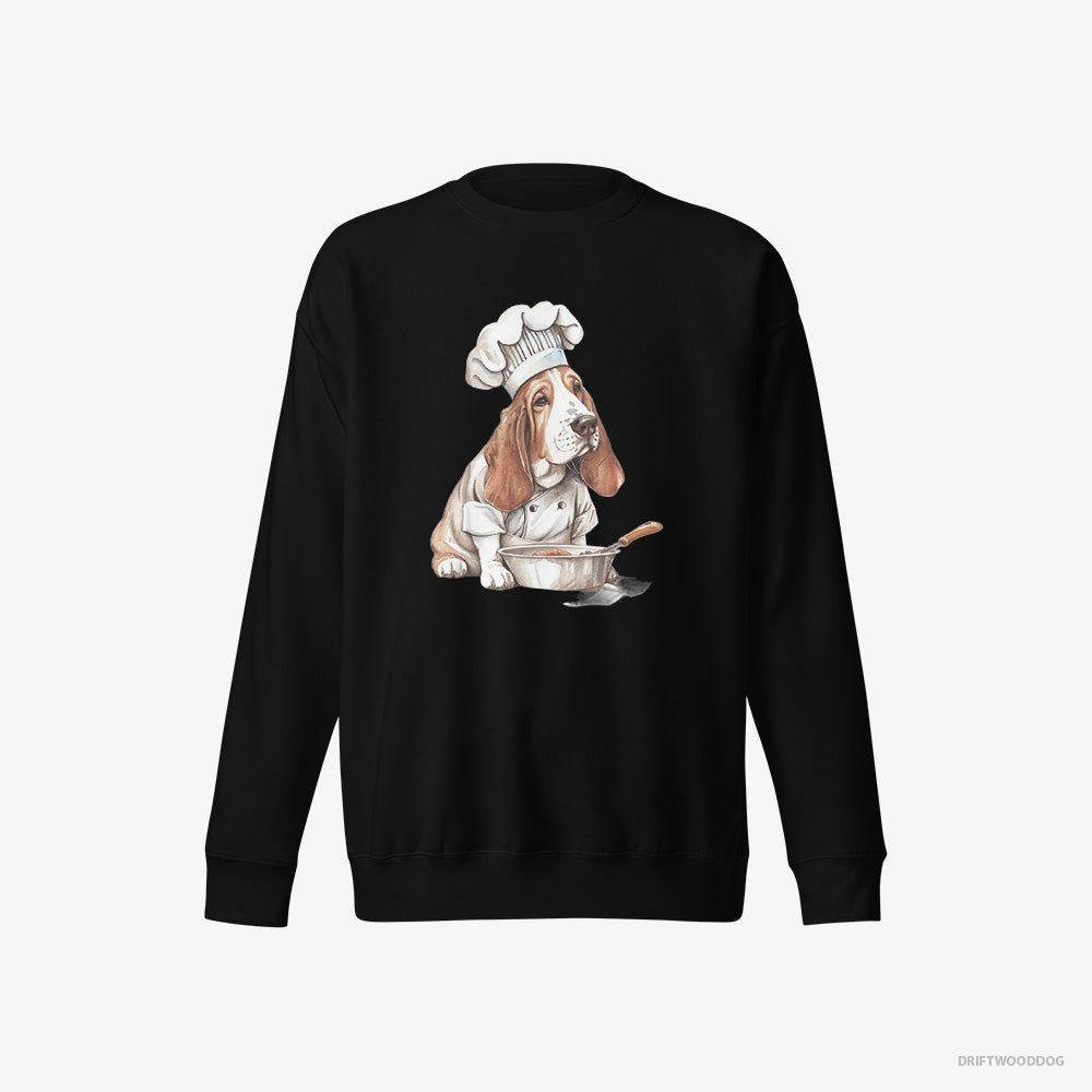 Basset Hound Sweatshirt – Women Black Sweatshirt Eco-Friendly – Cooking Meals (on White Background)