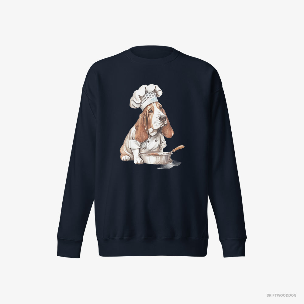 Basset Hound Sweatshirt – Men Navy Sweatshirt Eco-Friendly – Cooking Meals (on White Background)