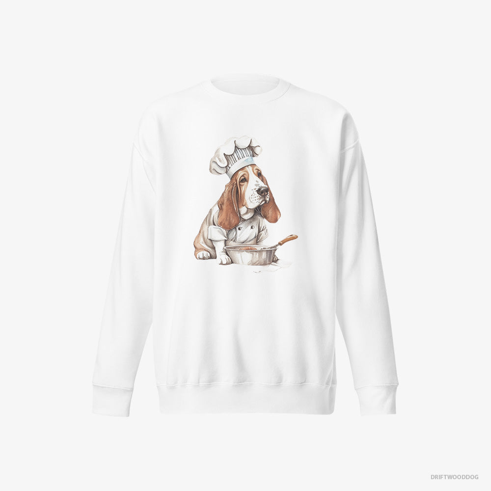 Basset Hound Sweatshirt – Men White Sweatshirt Eco-Friendly – Cooking Meals (on White Background)