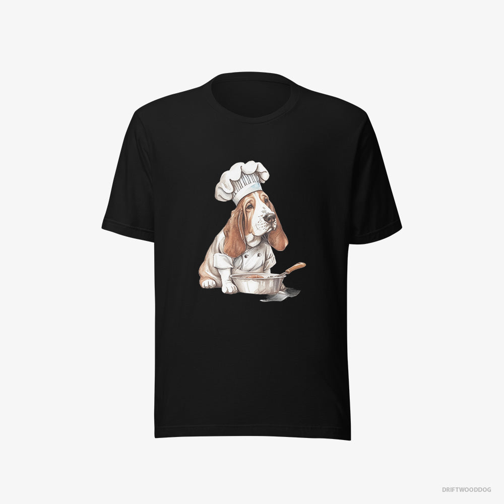 Basset Hound T-Shirt – Men Black T-Shirt Eco-Friendly – Cooking Meals (on White Background)