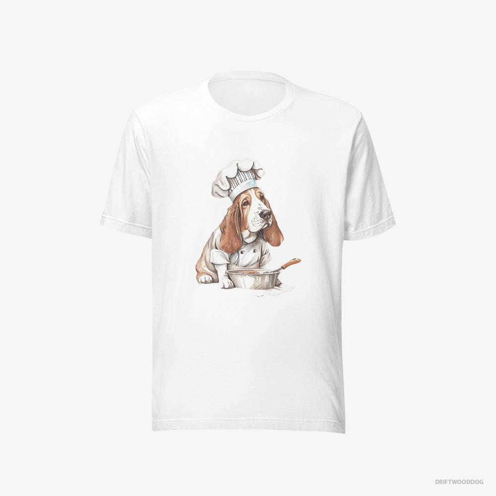 Basset Hound T-Shirt – Men White T-Shirt Eco-Friendly – Cooking Meals (on White Background)