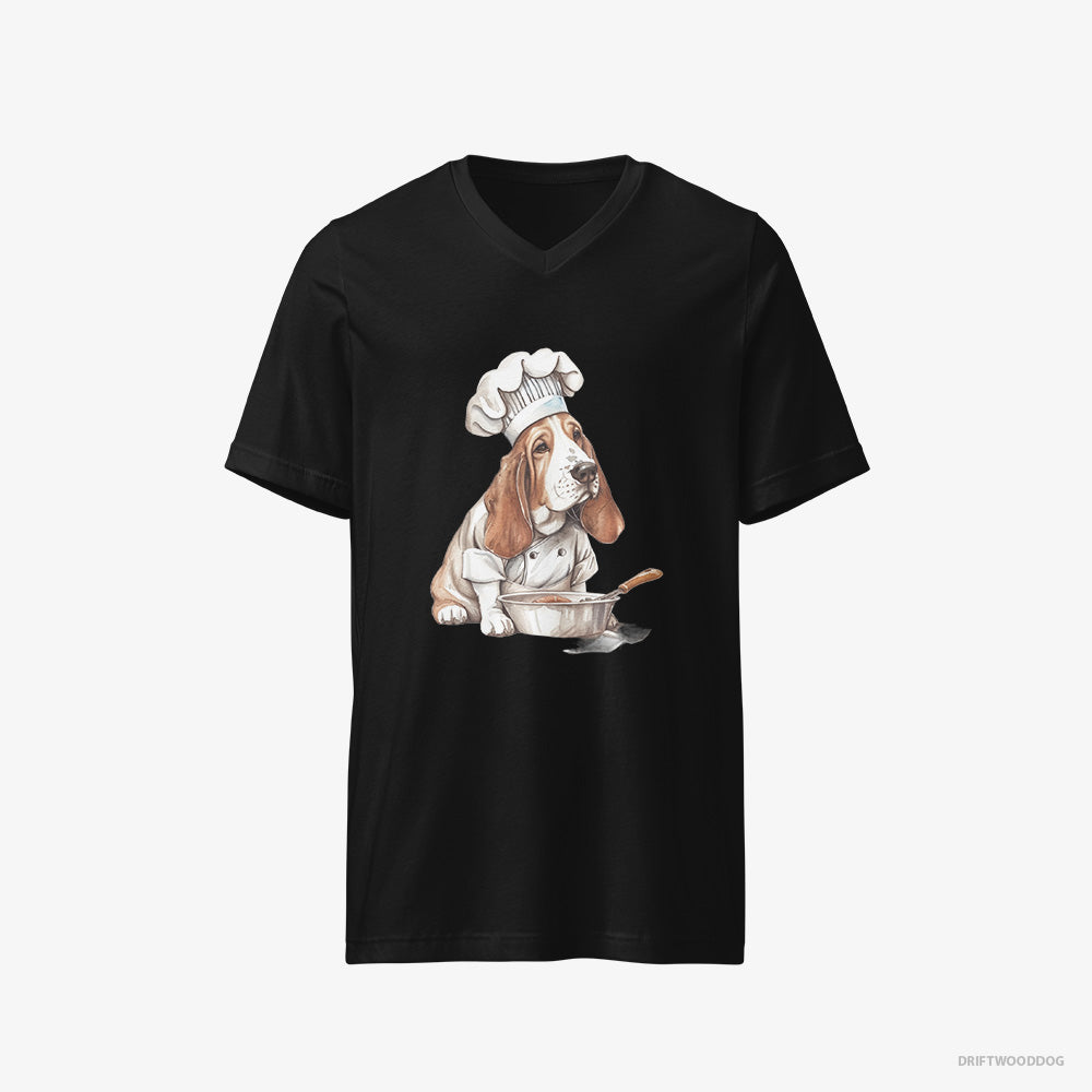 Basset Hound T-Shirt – Women Black T-Shirt V-Neck – Cooking Meals (on White Background)