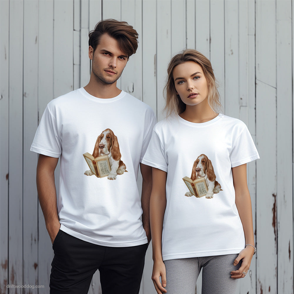 Basset Hound Studying a Book T-Shirt – Unique Dog T-Shirts for Pet Lovers