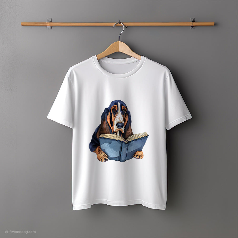 Black Basset Hound Reading a Book T-Shirt – Unisex Tee for Dog Lovers