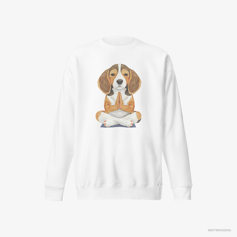 Beagle Sweatshirt – Men White Sweatshirt Eco-Friendly – Doing Yoga (on White Background)