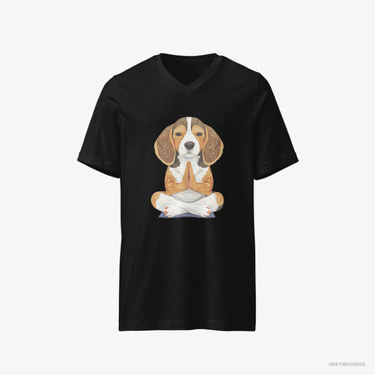 Beagle T-Shirt – Men Black T-Shirt V-Neck – Doing Yoga (on White Background)