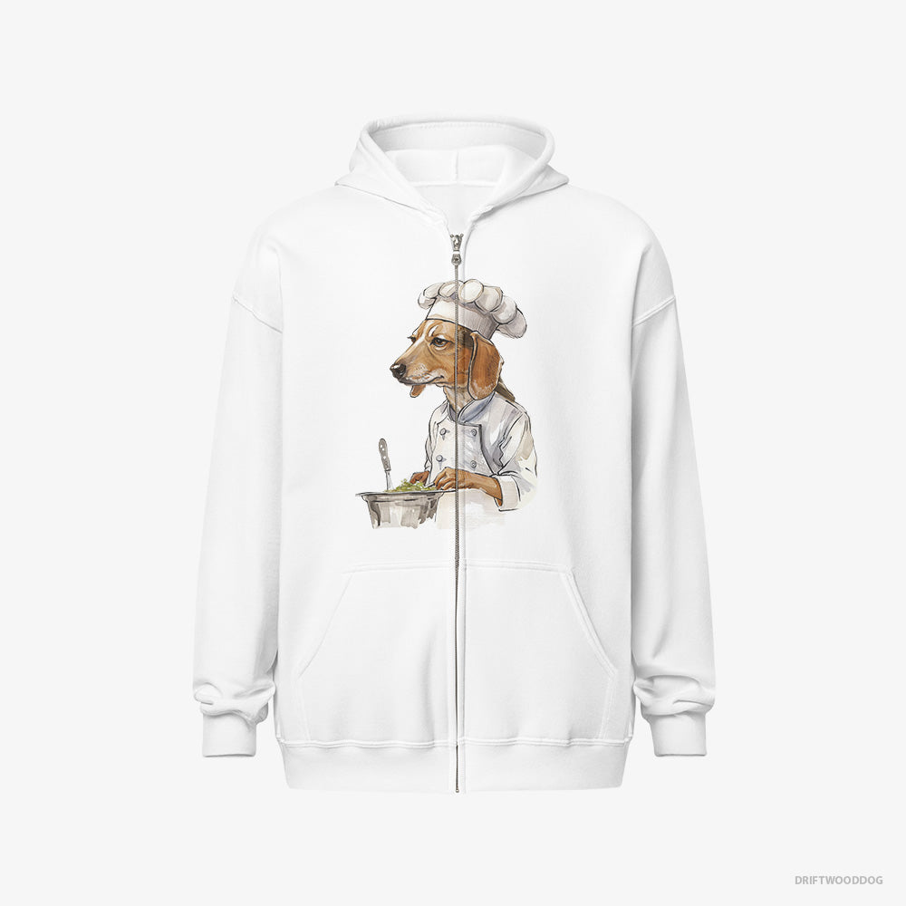 Beagle Hoodie – Men White Hoodie Full-Zip – Cooking Meals (on White Background)