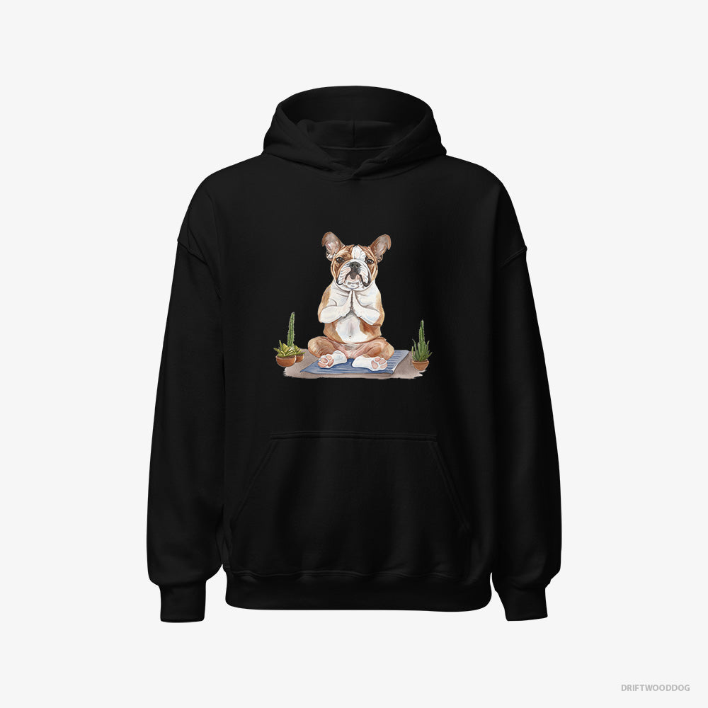 Bulldog Hoodie – Men Black Hoodie Classic – Meditating during Yoga (on White Background)