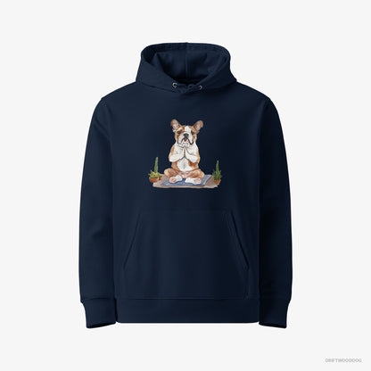 Bulldog Hoodie – Men Navy Hoodie Eco-Friendly – Meditating during Yoga (on White Background)