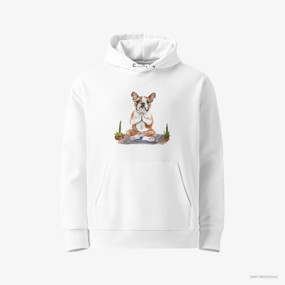 Bulldog Hoodie – Men White Hoodie Eco-Friendly – Meditating during Yoga (on White Background)