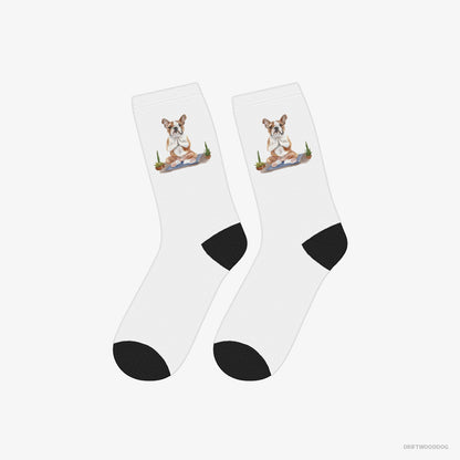 Bulldog Socks – Unisex White Socks Classic – Meditating during Yoga (on White Background)