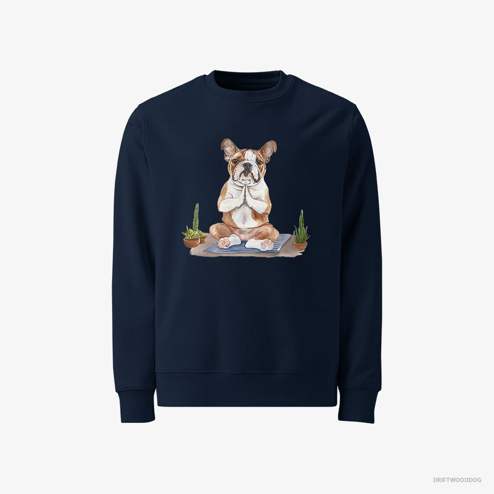 Bulldog Sweatshirt – Men Navy Sweatshirt Classic – Meditating during Yoga (on White Background)