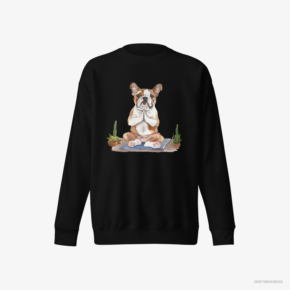 Bulldog Sweatshirt – Women Black Sweatshirt Eco-Friendly – Meditating during Yoga (on White Background)