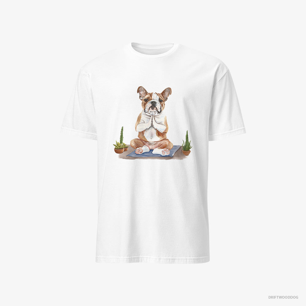 Bulldog T-Shirt – Women White T-Shirt Classic – Meditating during Yoga (on White Background)