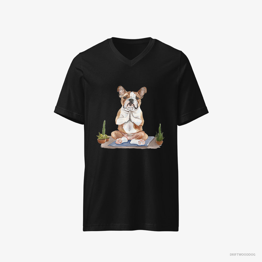 Bulldog T-Shirt – Men Black T-Shirt V-Neck – Meditating during Yoga (on White Background)