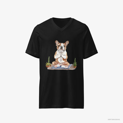 Bulldog T-Shirt – Men Black T-Shirt V-Neck – Meditating during Yoga (on White Background)