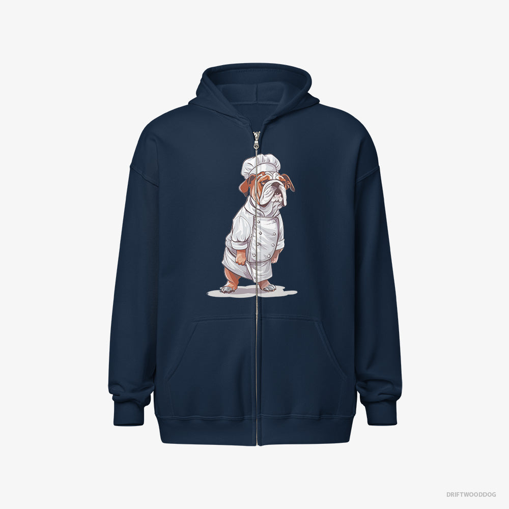 Bulldog Hoodie – Women Navy Hoodie Full-Zip – Dressed as a Chef (on White Background)