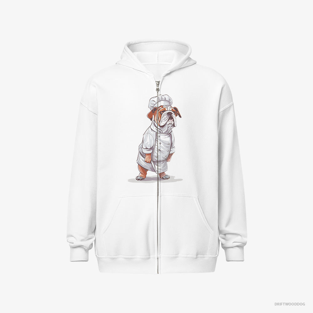 Bulldog Hoodie – Men White Hoodie Full-Zip – Dressed as a Chef (on White Background)